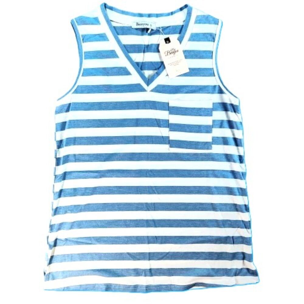 Berryyou Striped Sleeveless V-Neck Tank Top Small Blue White Pocket